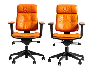 Two orange leather office chairs on rolling bases, detailed design on black background