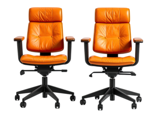 Two orange leather office chairs on rolling bases, detailed design on black background