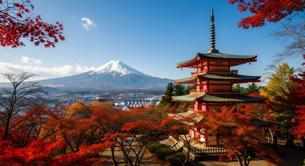 Autumn landscape in Japan with red pagoda and Mount Fuji, golden sunlight, high dynamic range, detailed nature background