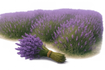 Lavender field growing vibrant purple flowers, a fresh cut bouquet resting on the ground, all on a transparent background