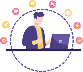 Man Working Online with Social Media Icons