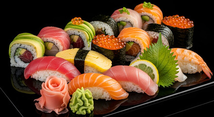 A colorful arrangement of assorted sushi rolls and nigiri on a black reflective surface close up view