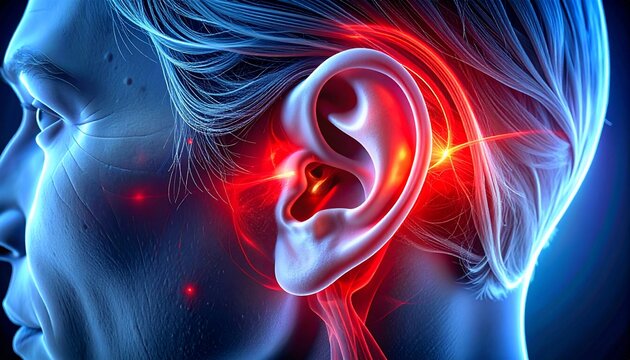 Ear Infection Pain  3D medical illustration of human ear with inflammation.