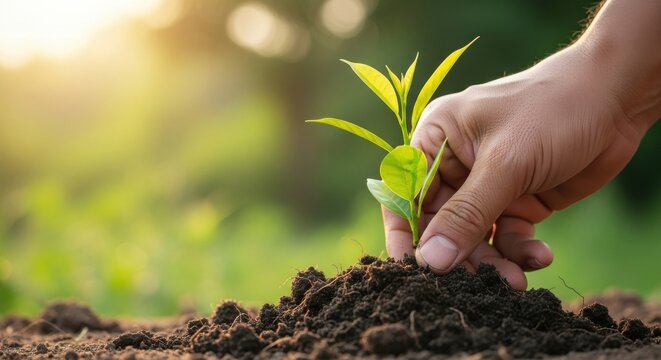 Gardener planting a young green seedling in rich soil during golden hour to promote growth and sustainability