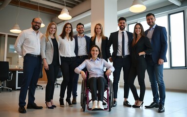 Diverse group of professionals including a person in a wheelchair stands in an office. High quality