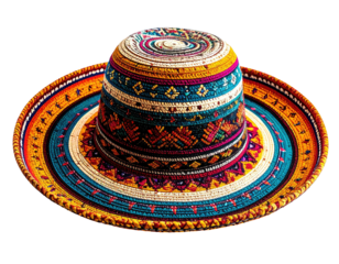 Colorful, woven hat with intricate geometric patterns, a wide brim, and a dark background