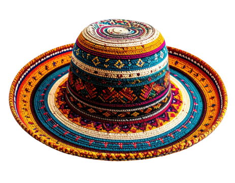 Colorful, woven hat with intricate geometric patterns, a wide brim, and a dark background - Powered by Adobe