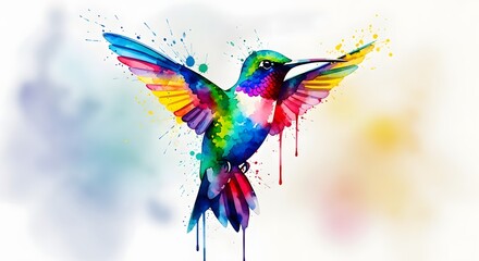 Fototapeta premium Vibrant watercolor illustration of a colorful hummingbird in flight with splashes of paint and dynamic brushstrokes on a light background