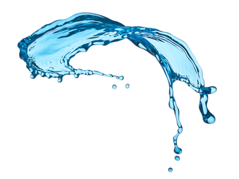 A dynamic splash of blue water isolated on transparent background, capturing fluid motion and droplets