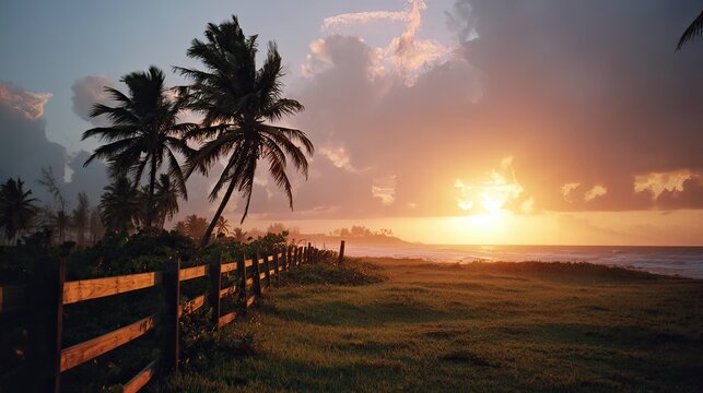 Tropical sunset paints sky gold, with palms and rustic fence view