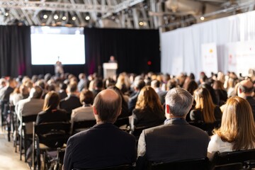 Audience of diverse individuals attentively listening to a speaker at a conference, with a large screen displaying information in a modern event space, showcasing engagement and learning