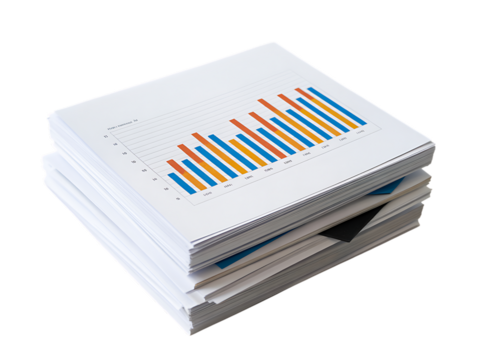 Stack of papers with a bar graph showing upward trend, isolated on transparent background