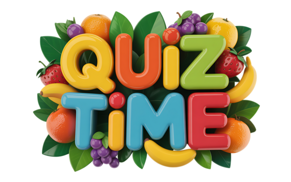 Quiz time text with colorful letters surrounded by fresh fruits and green leaves, isolated on transparent background