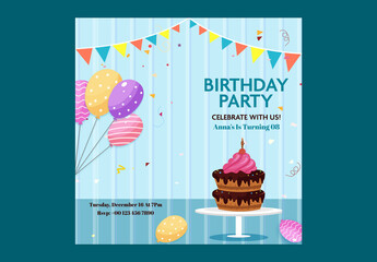 Editable Birthday Party Invitation Post Template with Balloons, Cake and Bunting Flags on Blue Background.
