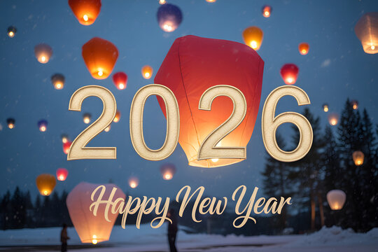 peaceful 2026 new year night sky with glowing lanterns and warm celebration