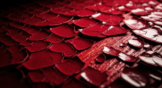 Textured surface of red scales resembling a fish or reptile on a dark background creates an intriguing visual in modern design