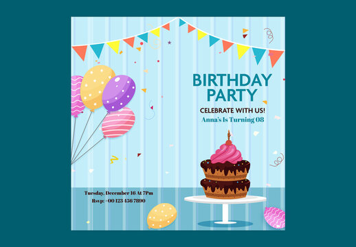 Editable Birthday Party Invitation Post Template with Balloons, Cake and Bunting Flags on Blue Background.