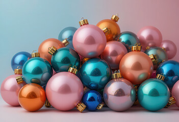 Colorful christmas ornaments in pastel pink blue and gold tones stacked together on soft gradient background, festive holiday decoration for modern winter celebration design concept
