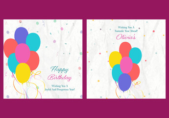 Editable Happy Birthday Greeting Card Templates with Colorful Balloons on White Background for Social Media Post.