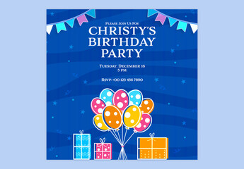 Editable Birthday Party Invitation, Social Media Post with Colorful Balloons and Gift Boxes in Blue Theme Design.