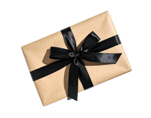 A rectangular package, wrapped in tan paper, tied with a dark satin bow