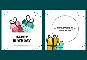 Editable Happy Birthday Greeting Card Templates with Gift Boxes on White Background for Social Media Post.
