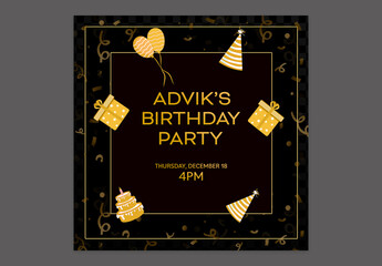 Editable Birthday Party Invitation, Social Media Post in Golden and Black Theme Design.