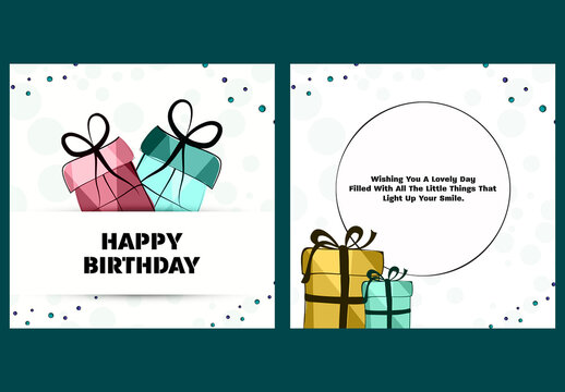 Editable Happy Birthday Greeting Card Templates with Gift Boxes on White Background for Social Media Post.