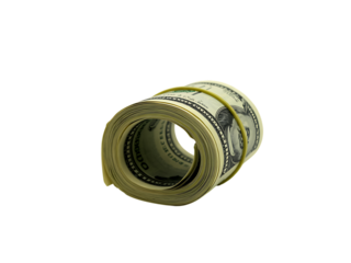 A roll of us dollar bills tied with a rubber band, isolated on transparent background