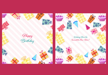 Editable Happy Birthday Greeting Card Templates with Colorful Elements on White Striped Background for Social Media Post.