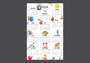 Editable Tabloid Size 2026 Yearly Wall Calendar Template for kids in White Color Design.