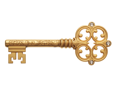 Antique ornate golden key with intricate carvings and gemstones, isolated on transparent background