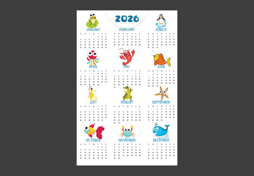 Editable Tabloid Size 2026 Yearly Wall Calendar Template with Waterlife Animals Illustration for Kids in White Theme Design.