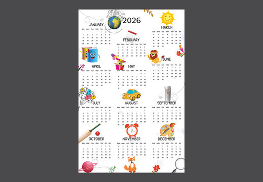 Editable Tabloid Size 2026 Yearly Wall Calendar Template for kids in White Color Design.