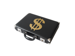 Black briefcase with a golden dollar sign on it, isolated on transparent background