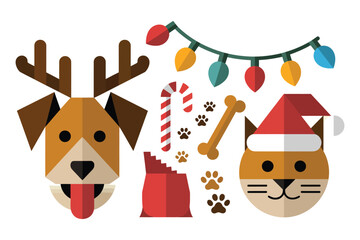 A dog with antlers, a cat in a Santa hat, and Christmas-themed pet items are displayed.
