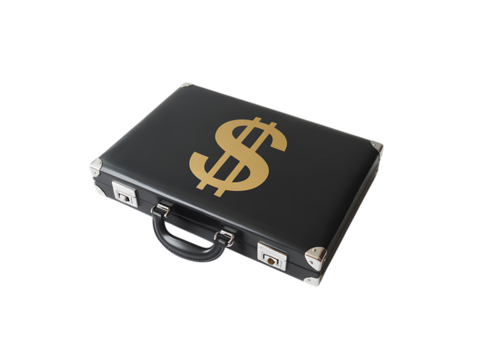 Black briefcase with a golden dollar sign on it, isolated on transparent background