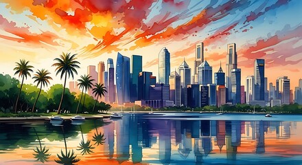 Fototapeta premium Vibrant Cityscape at Sunset: A Vision of Modern Urban Living and Tropical Paradise for Business Travel and Tourism Promotions