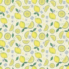 Bright and refreshing seamless lemon pattern featuring whole lemons, slices, and citrus flowers. Perfect for summer designs, packaging, kitchen decor, fabric prints, and digital papers.