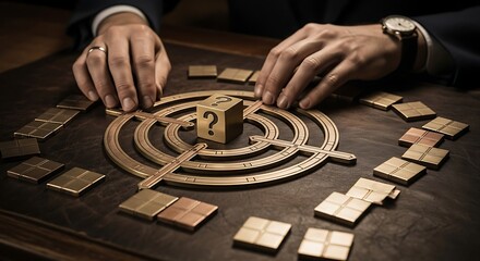 Elegant game of strategy unfolds as hands carefully arrange pieces around a question mark cube, creating an atmosphere of thoughtful decision making