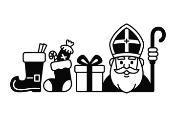 Saint Nicholas holds a staff and stands beside a gift-wrapped box and festive stockings.