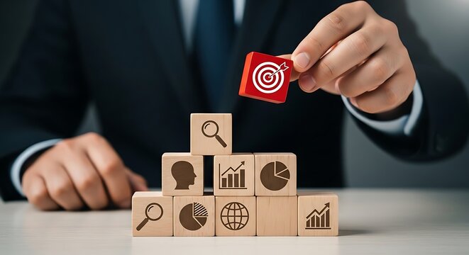 Achieve business goals with strategic planning using a target block on top of an icon pyramid showing growth, analysis, and global reach