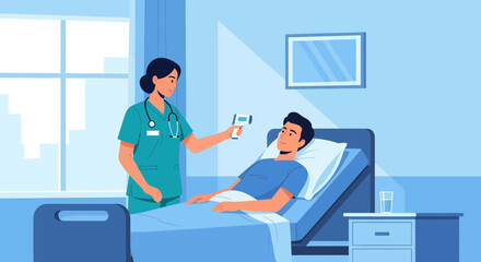 Hospital Scene Depicting Patient's Care and Doctor Taking Temperature Examination