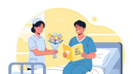 Fototapeta premium Hospital Scene Depicts Nurse Giving Flowers To Patient With Get Well Soon Card