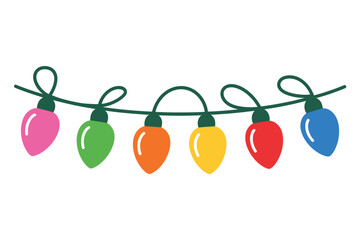 A string of colorful, festive Christmas lights hangs against a white background.