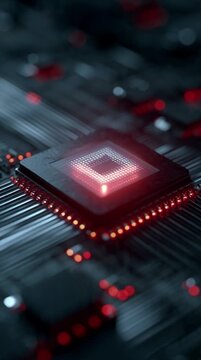 Close-up of a glowing red computer chip on a dark circuit board, symbolizing advanced technology and data processing.