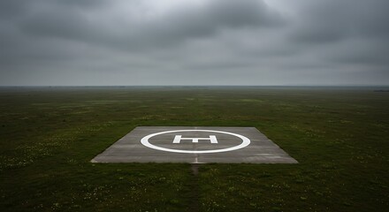 Aerial view of a concrete helipad on a flat, grassy landscape under a cloudy, overcast sky