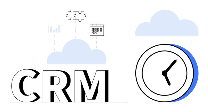 CRM text alongside cloud, clock, chart, puzzle, and calendar, conveying time management and cloud connectivity. Ideal for productivity, organization, teamwork cloud service scheduling business