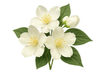 Obraz premium Jasmine flowers with green leaves and a budding flower on transparent background symbolizing purity and freshness