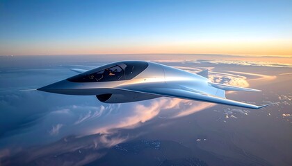 Obraz premium Futuristic Jet Fighter Soaring Through Sunset Sky with Modern Aviation Concept.